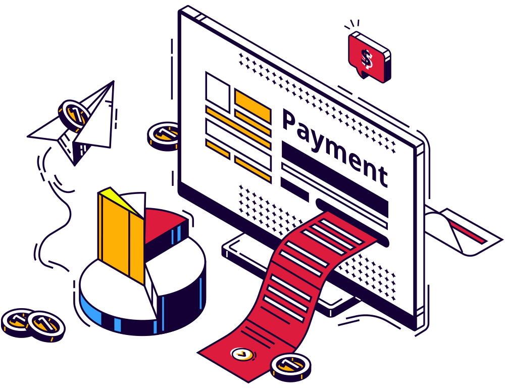 Illustration of online payment processing with a computer screen displaying a payment form, coins, pie chart, and paper airplane symbolizing digital transactions and financial analytics